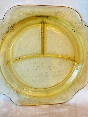 Vtg Yellow Depression Glass Federal Madrid 1930s Divided 10.5" Dinner Plate Etch